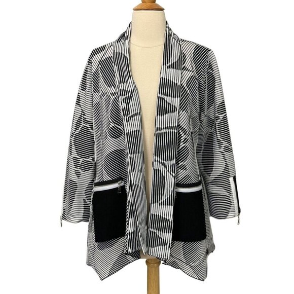 IC by Connie K Open Front Jacket Topper Black White Ribbed Pockets Artsy Size M - Picture 9 of 9
